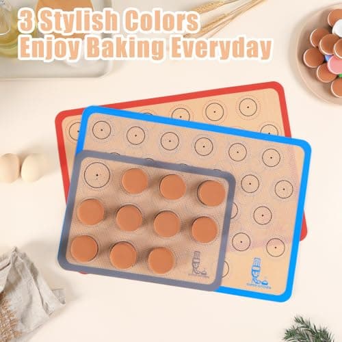 Silicone Baking Mat Macaron - Set of 3 (2 Half Sheet Liners and 1 Quarter Sheet), Non Stick Silicon Cookie Oven Liner For Macaroons, Bake Pans, Pizza, Toaster, Cake and Bread Making (Red,Blue,Gray) 8