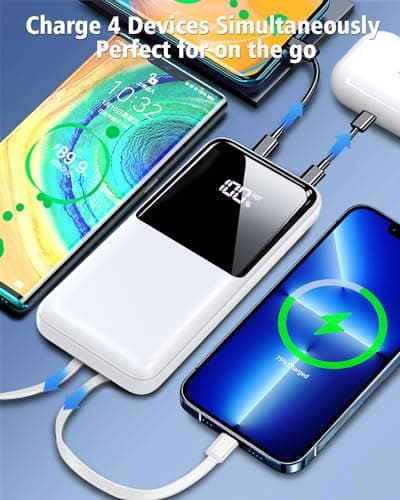 CFIAI Portable Charger Power Bank - 20000mAh Fast Charging Portable Battery Pack with Built in USB-C(22.5W) and iOS(20W) Output Cables Compatible with iPhone Android Samsung Phone etc (1 Pack, White) 5