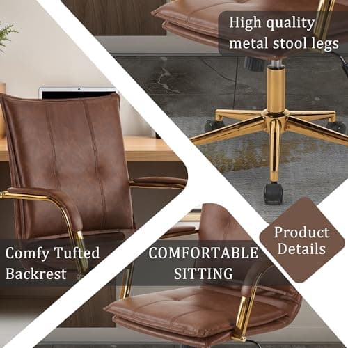 MOJAY Mid-Back Ergonomic Leather Office Desk Chair, Modern Upholstered Computer Chair, Executive Office Chair with Arms, Swivel Adjustable Rolling Chair with Gold Base (Brown) 7