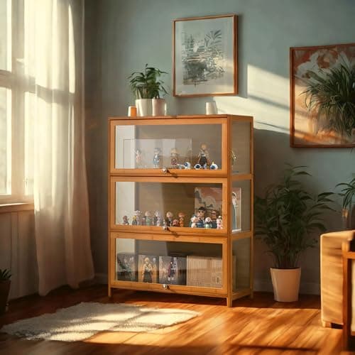 SAADHGG Small Display Cabinet with Acrylic Glass Doors, 4-Tier Curio Cabinet Figure Display Case Living Room Storage Cabinets with Doors and Shelves for Collectibles Toy,Tawny,Flip top Three Layer