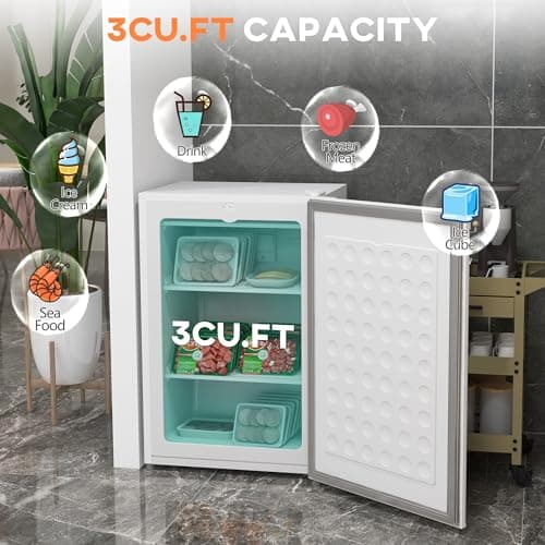 HOMCOM Mini Freezer Countertop, 3 Cu.Ft Compact Upright Freezer with 3 Shelves, Reversible Door for Home, Dorm, Apartment and Office, White 2