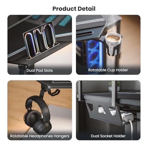 EUREKA ERGONOMIC Aero 72 Inch Gaming Desk with Keyboard Tray, Large Computer Desk Led Lights, Wing-Shaped Monitor Stand Dual Headphone Hanger Cup Holder for Studio,Streamer,Live,Black 7