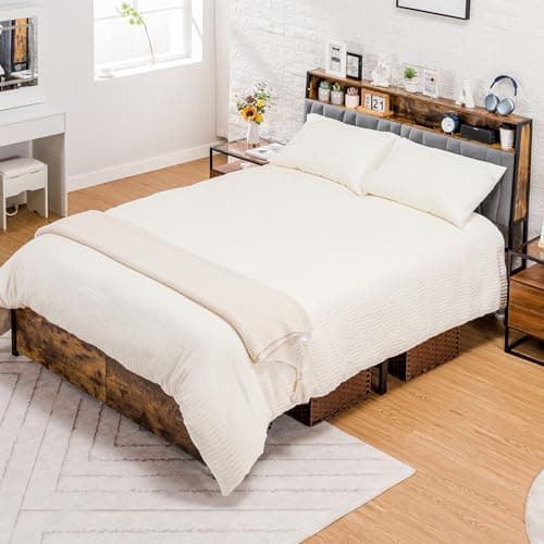 COMHOMA Queen Size Platform Bed Frame with LED Lights and Charging Station, Storage Headboard and Footboard Drawers, No Box Spring Needed, Rustic Wood Look 9