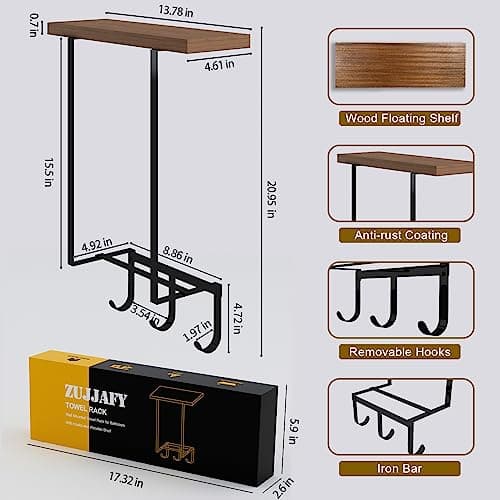 ZUJJAFY Wall Mounted Towel Racks with Wooden Shelf & 3 Hooks, Towel Holder for Small Bathroom Wall Decor, Bath Towel Storage for Rolled Towels Organizer, Matte Black 6