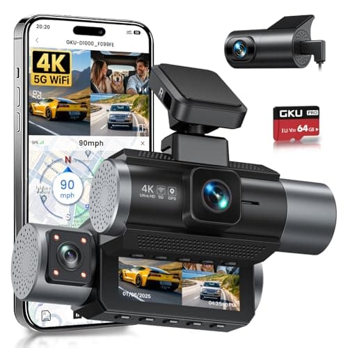 GKU 4K 3 Channel Dash Cam, 5.8GHz WiFi Built-in GPS, 4K+1080P+1080P Dash Cam Front and Rear Inside, 64GB Card Inserted, 24H Park Mode, Triple Car Camera 3 Inch Screen