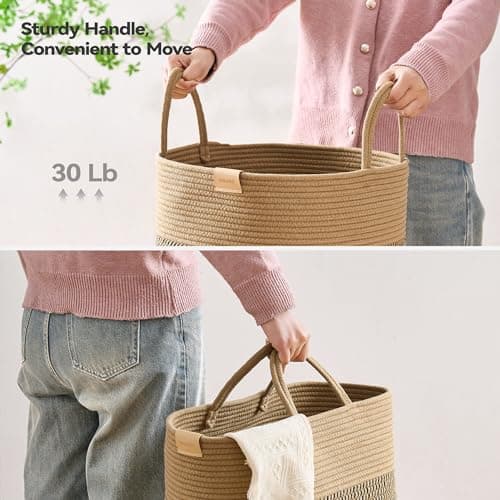 Nunsino Laundry Hamper 95L,Large Laundry Basket for Clothes,Decorative Storage Basket for Blankets,Cotton Rope Woven basket for bedroom,Dark Brown 4