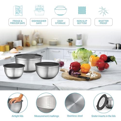 Belwares Mixing Bowls with Airtight Lids - 8PCS Stainless Steel Nesting Mixing Bowls Set Non-Slip with 3 Grater Attachments, Kitchen Bowls, Sizes 5, 4, 3.5, 2, 1.5QT for Baking & Food Prep (Black) 5