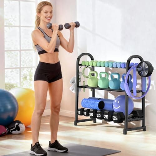 YaDonpe 3 Tier Dumbble Rack - 360LB Capacity Adjustable Dumbbell Storage Rack Space-Saving Home Gym Weight Rack For Dumbbells And Kettlebells With Hooks (Dumbbell Rack Stand Only)（Matte Black （29.96''Length）） 8