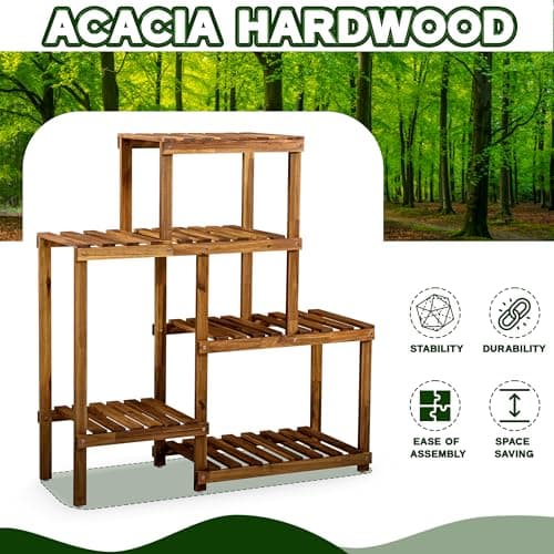 VICTORY RELAX 5 Tier Acacia Wood Plant Stand, Wooden Stepped Slatted Holder Up to 9 Pots, Tall 48 Inch Storage Rack Cabinet for Balcony Living Room Deck Balcony Garden Patio 8