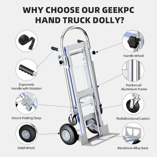 Hand Trucks Heavy Duty Aluminum Dolly Cart, 3 in 1 Design 1000 Lbs Capacity with Solid Wheels - Foldable, Portable, Ergonomic Handle, Perfect for Construction, Warehouses, Factories, Indoor & Outdoor 5