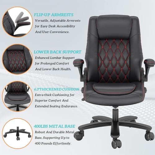 lavimiya Executive Office Chair with Rubber Wheels, Big and Tall Office Chair 400LBS, High Back Leather Computer Desk Chair with Flip-up Armrests and Lumbar Support, Black 5