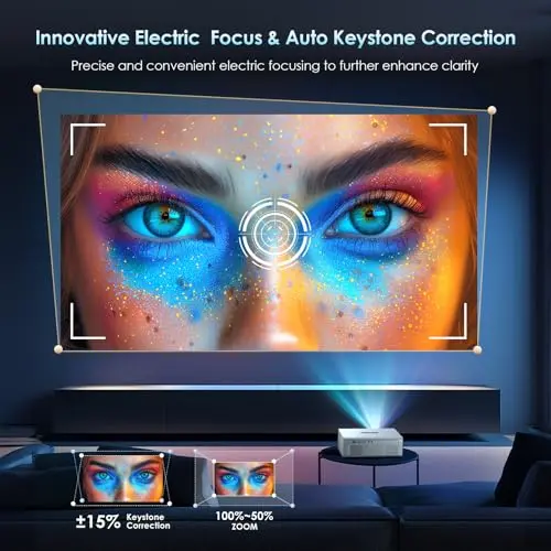 [Electric Focus] 4K Support Projector with WiFi6 and Bluetooth 5.3, Outdoor Projectors for Outside Video Use, OWNKNEW Gaming Movie Proyector, Auto Keystone Correction 6