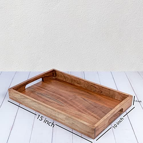 Samhita Acacia Wood Serving Tray with Handles,Wooden Tray, Snack Tray, Breakfast Tray, Great for, Breakfast, Coffee Tables, Homes, Restaurant|Size- 15" x 10" x 1.6" 6
