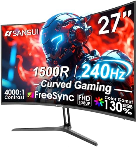 SANSUI 27 Inch Curved 240Hz Gaming Monitor FHD 1080P, 1500R Curve Computer Monitor, 130% sRGB, 4000:1 Contrast, HDR, FreeSync, MPRT 1Ms, Low Blue Light, HDMI DP Ports, Metal Stand, DP Cable Incl.