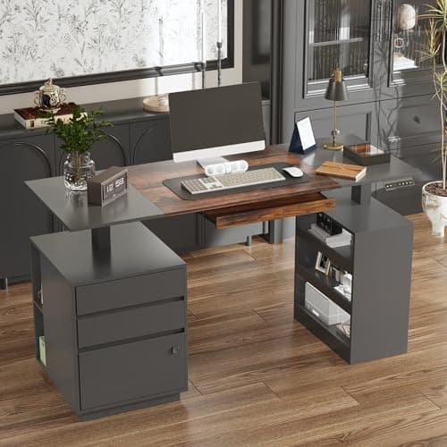 TAMUNE Electric Standing Desk with File Cabinet, Fingerprint Lock, Height Adjustable, Computer Table with Keyboard Tray, Drawers Pegboard for Home Office, Black and Brown 63”W x 23.6”D x 29.8-45.3”H