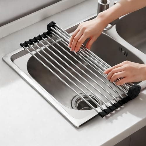 NEZUIBAN Dish Drying Rack with Roll Up and Over Sink for Kitchen,17.5"x11.8",Black