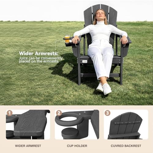 Mdeam 3-Position Adjustable Adirondack Chairs Set of 4, 400LBS Capacity, Cup Holder, Wooden Textured, All-Weather HDPE Folding Fire Pit Outdoor Chairs for Poolside Deck Patio Garden Yard Lawn - Grey 6