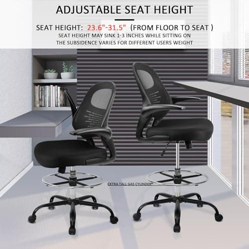 HYLONE Drafting Chair Tall Office Chair with Flip-Up Armrests Ergonomic Computer Chair with Lumbar Support Adjustable Footrest Ring Mesh Standing Desk Chair (Black) 7