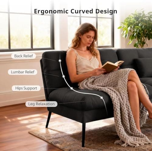 COMHOMA Convertible Futon Sofa Bed, 72″Fabric Futons Couch with Adjustable Backrest, Folding Sleeper Recliner for Living Room Furniture (Black) 5