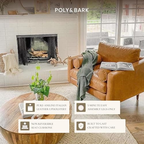POLY & BARK Napa Lounge Chair – 42” – Cognac Tan – Italian-Tanned Full-Grain Pure-Aniline Leather, Feather-Down Cushions, Solid Wood Frame 5