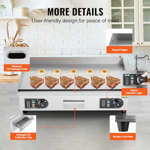 VEVOR 30" Commercial Electric Griddle 3000W Electric Countertop Griddle Non-Stick Restaurant 110V Teppanyaki Flat Top Grill Stainless Steel Adjustable Temperature Control 122°F-572°F (NO PLUG) 6