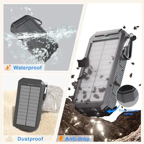 Power Bank Solar Charger 20,000mAh, Portable Phone Charger, 4 Cables Outdoor Waterproof External Backup Power Charger with USB-C for Cell Phones, Solar Battery Pack with Dual Flashlight for Camping 5