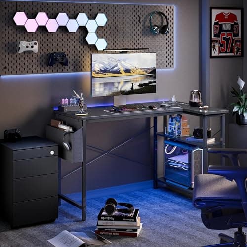 TIQLAB Small L Shaped Desk with Power Outlets - 40 inch Gaming Corner Computer Desk Writing Table, Reversible Large Storage Shelves, Bookshelf Workstation for Study Play Work Home Office, Black 10