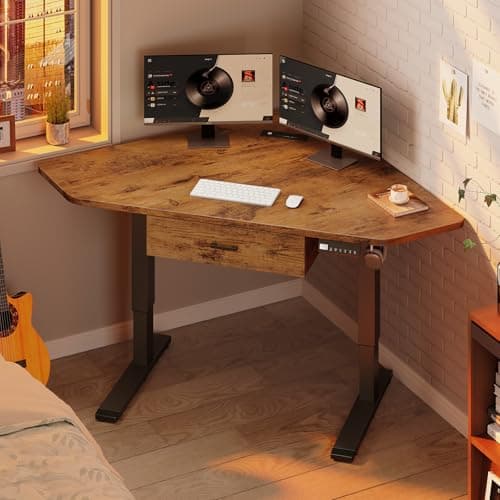 SEDETA Corner Electric Standing Desk, 32'' Small Height Adjustable Computer Desk with Drawer for Gaming, Small Space, Stand up Home Office Writing Desk, Rustic Brown 8