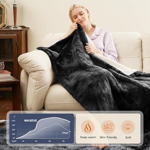 MAXEVE Electric Heated Blanket 84"x 90" Rabbit Faux Fur Queen Blankets with Dual Controllers 8 Heating Levels & 8H Auto Off, Fast Heating Warm Sherpa Washable Throw with ETL Certification, Grey 8