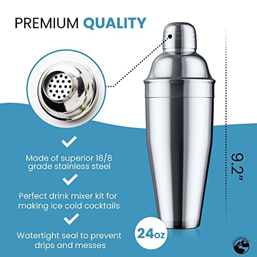 Blue River Water 24oz Cocktail Shaker Set - Martini Shaker w Built-in Drink Shaker Strainer, Muddler, Jigger, Mixing Spoon, Recipe Book for Bartending - Bar Shaker/Alcohol Shaker 5