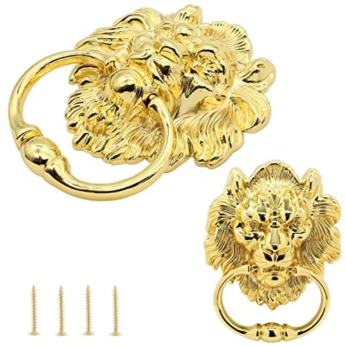 Cionyce 1 Pack Zinc Alloy Door Knocker Lion Shape Dooer Knock Antique Brass Door Knocker Lion Head Ring Pulls for Drawer Dresser Cupboard