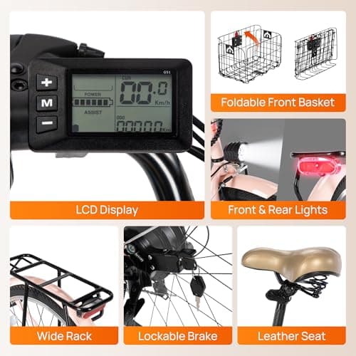 LUXECYCLES 26" Electric Bike,1000W Peak City Cruiser Ebikes,20MPH 70Miles Step Thru Electric Bicycle with 48V Removable Battery,Detachable Foldable Basket,Rear Rack(SGS & UL2849) Pink 8