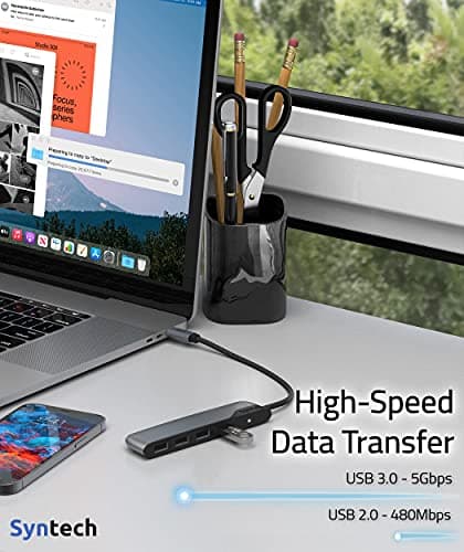 Syntech USB C to USB Hub 4 Ports, Type C to USB 3.0 Hub with A USB C to USB Adapter USB 2.0, Thunderbolt 3 to USB Hub, Compatible with iPhone 17/16/15 Pro Max, iPad mini 6, MacBook Pro/Air/Neo 6