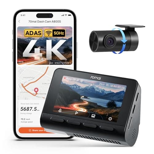 70mai 4K Dash Cam Front and Rear with STARVIS, Dashcam with 5GHz WiFi, GPS Car Camera, Super Night Vision, ADAS, 3'' IPS Screen, 24H Parking Mode, Time-Lapse, Loop Recording, Support 256GB Max (A800S)