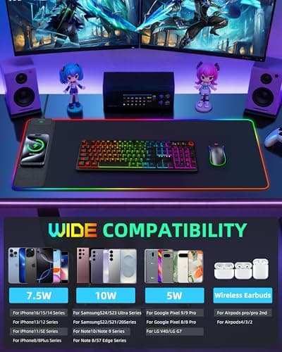 Wireless Charging Mouse Pad, RGB Gaming Desk Mat, 31.5"x15.7" Large XXL Desk Pad, 15 Lighting Modes, Ultra-Smooth Surface, Non-Slip Mouse Mat, Waterproof Computer Keyboard Pad for Desk, Office, Black 7