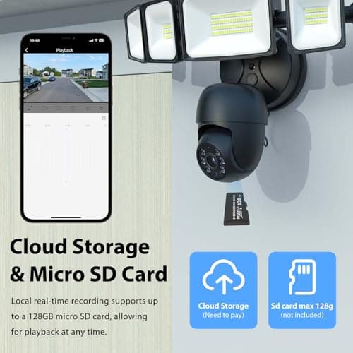iMaihom Floodlight Camera Outdoor, 2K QHD Smart Home Security Cam with Motion-Activated, 5500LM Brightness 5 Heads Light, 360° Pan & Tilt, 2-Way Audio, Cloud/SD Storage, Color Night Vision 7