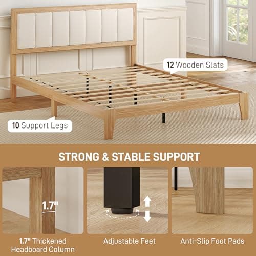 HOMCOM Queen Size Bed Frame with Upholstered Headboard, Platform Bed Frame with Wooden Slats, No Box Spring Needed, Easy Assembly, Natural 5