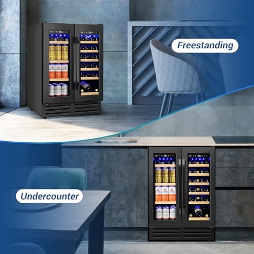 Wine and Beverage Refrigerator Black, 24 Inch Beverage Cooler Under Counter Dual Zone with Glass Door&Lock, 18 Bottles and 68 Cans Large Capacity for Beer Soda Drink, Built-In or Freestanding Fridge 8