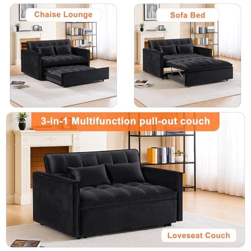 Resenkos 3 in 1 Convertible Sleeper Sofa Bed,Futon Loveseat Couch with Pull-Out Bed & Adjustable Backrest,Velvet Fabric Sofa with Side Pocket for Small Apartment, Living Room, Office (Black) 6