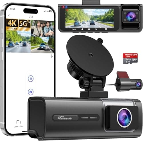 3 Channel 5G WiFi Dash Cam, 4K+1080P+1080P Dash Cam Front and Rear with 64GB Card, Dash Camera for Car with HDR IR Night Vision, G-Sensor, 24/7 Parking Mode, WDR, Support 128GB Max - Silver