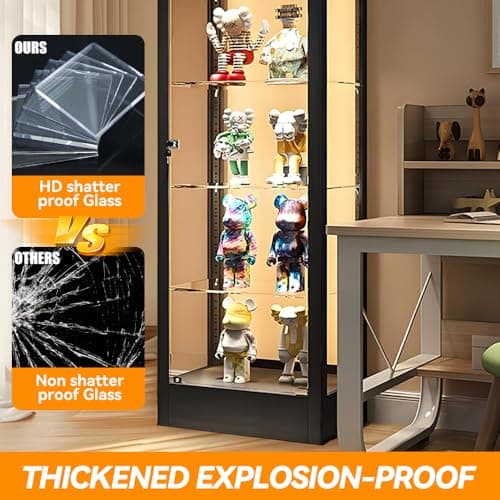 BEESTMUEBLE 4-Tier Tempered Glass Display Shelf, Showcase with Lock, Glass Cabinets Collection Display Case, Display Case Cabinet for Living Room, Bedroom, Curio Cabinets,20" W*15.75" D*63" H, Black 5