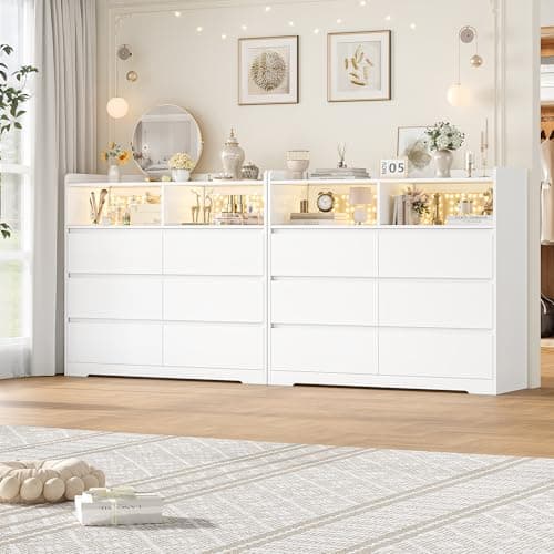 FOTOSOK White Dresser 6 Drawer, 47.2" Dresser for Bedroom Chest of Drawers with 2 Open Cabinets, Wood Dresser Modern Dresser Storage Drawers for Home & Office 5