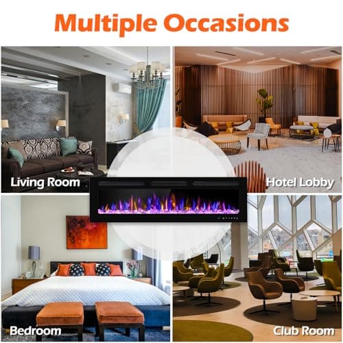 BETELNUT 60" Electric Fireplace Wall Mounted and Recessed with Remote Control, 750/1500W Ultra-Thin Wall Fireplace Heater W/Timer Adjustable Flame Color and Brightness, Log Set & Crystal Options 7