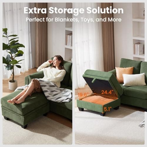 Modular Sectional Sofa with Storage Ottomans, Corduroy Cloud Couch for Small Spaces & Apartments, Reconfigurable L/U Shaped Convertible Corner Sofa, Green, 5 Seater Sectional 7