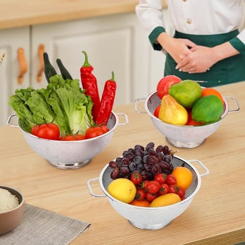 Colander for Kitchen, 3QT, Stainless Steel Colander Strainer with Handle for Fruits Vegetables Cooking Food, Dishwasher Safe 6