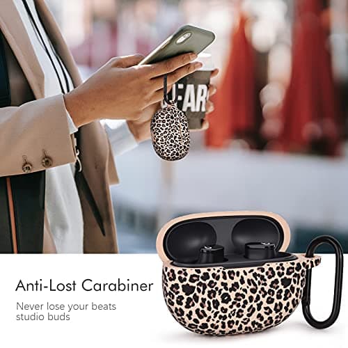 AIRSPO Case for Beats Studio Buds/Beats Studio Buds Plus Case Cover 2021/2023 Silicone Floral Printed Protective Beats Studio Buds Earbuds Headphones Case Cover Skin with Keychain (Khaki/Leopard) 7