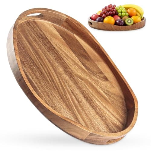 Serving Tray with Handles, Acacia Wood Oval Tray 17.3x12.9x1.9 Inch Large Wooden Coffee Table Ottoman Tray Breakfast in Bed Tray Decorative Rustic Farmhouse Home Décor Tray for Drinks Snacks & Candles