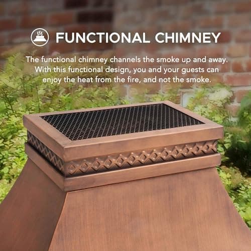 Sunjoy Outdoor Fireplace, Smith Collection Patio Wood Burning Steel Fireplace with Chimney, Spark Screen, Fire Poker, and Removable Grate, Copper with Yellow Tile 5