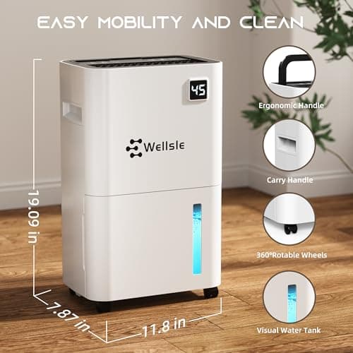 Wellsle 2000 Sq. Ft Dehumidifier, Home 34 Pint Dehumidifiers for Basements, Bedroom, Bathroom with Drain Hose - Smart Quiet Dehumidifier with 24HR Timer - 3 Working Modes 7