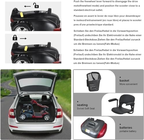 PENGJIE Electric Mobility Scooter for Adults Wheelchair Device for Travel, Elderly, 300 lbs Max Weight, 4-Wheel Powered Mobility Scooters for Seniors wiht Two Baskets (M1-Rose 1) 5